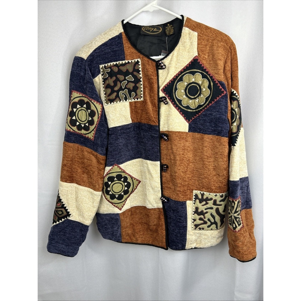 Vtg 90s Jacket Blazer Patchwork Boho Eclectic Grandma Alex Kim Embroidery Artsy